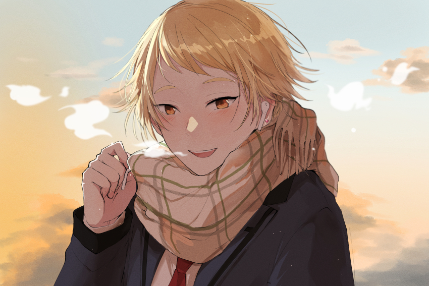1boy, backlighting, black_jacket, blue_sky, breath, brown_scarf, cloud, commentary_request