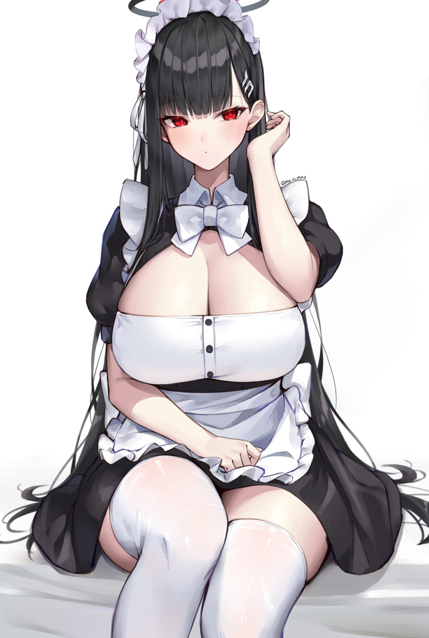1girl, absurdres, apron, black_dress, black_hair, blue_archive, blunt_bangs, blush