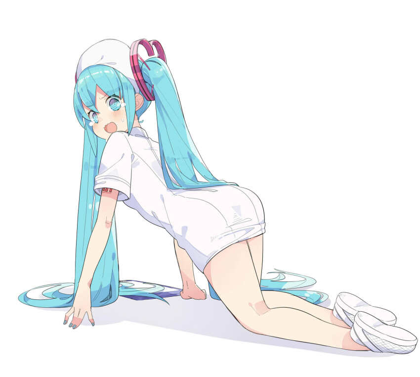 1girl, @_@, aqua_eyes, aqua_hair, aqua_nails, bare_legs, blush, commentary, dress, english_commentary, full_body, hair_behind_ear, hair_ornament, hands_on_ground, hat, hatsune_miku, heart, heart_hair_ornament, highres, long_hair, looking_to_the_side, number_tattoo, nurse, nurse_cap, open_mouth, pa._(tatuya28001), short_sleeves, shoulder_tattoo, sidelocks, solo, sweatdrop, tattoo, tears, twintails, very_long_hair, vocaloid, white_background, white_dress, white_footwear, white_hat