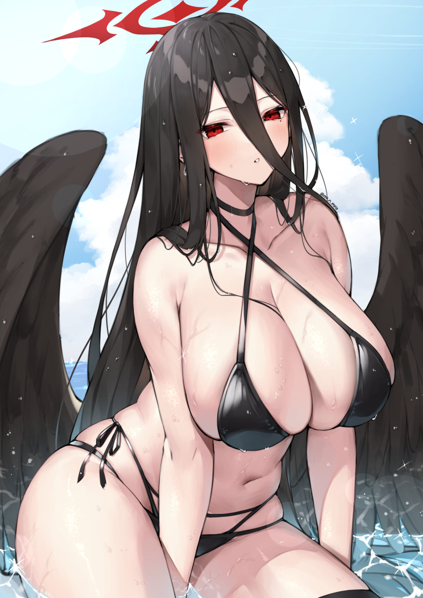 1girl, absurdres, bikini, black_bikini, black_hair, black_wings, blue_archive, blue_sky