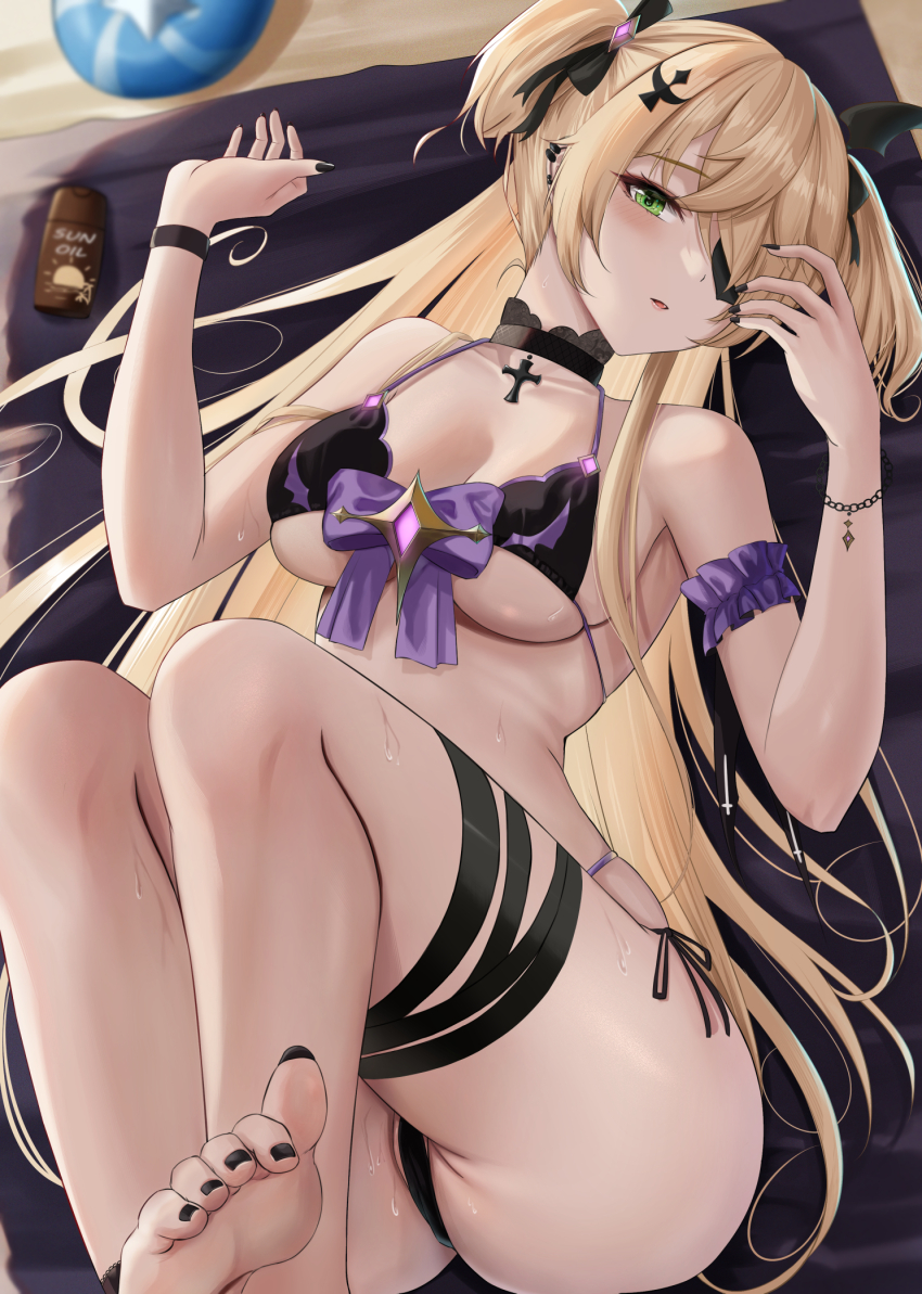 1girl, alternate_costume, bare_shoulders, bikini, black_bikini, black_nails, blonde_hair, blush, breasts, cleavage, collarbone, commentary_request, eyepatch, feet, fischl_(genshin_impact), genshin_impact, green_eyes, highres, large_breasts, long_hair, looking_at_viewer, lotion, lying, nail_polish, on_back, one_eye_covered, parted_lips, solo, sunscreen, swimsuit, thigh_strap, toes, towel, two_side_up, yamikyon