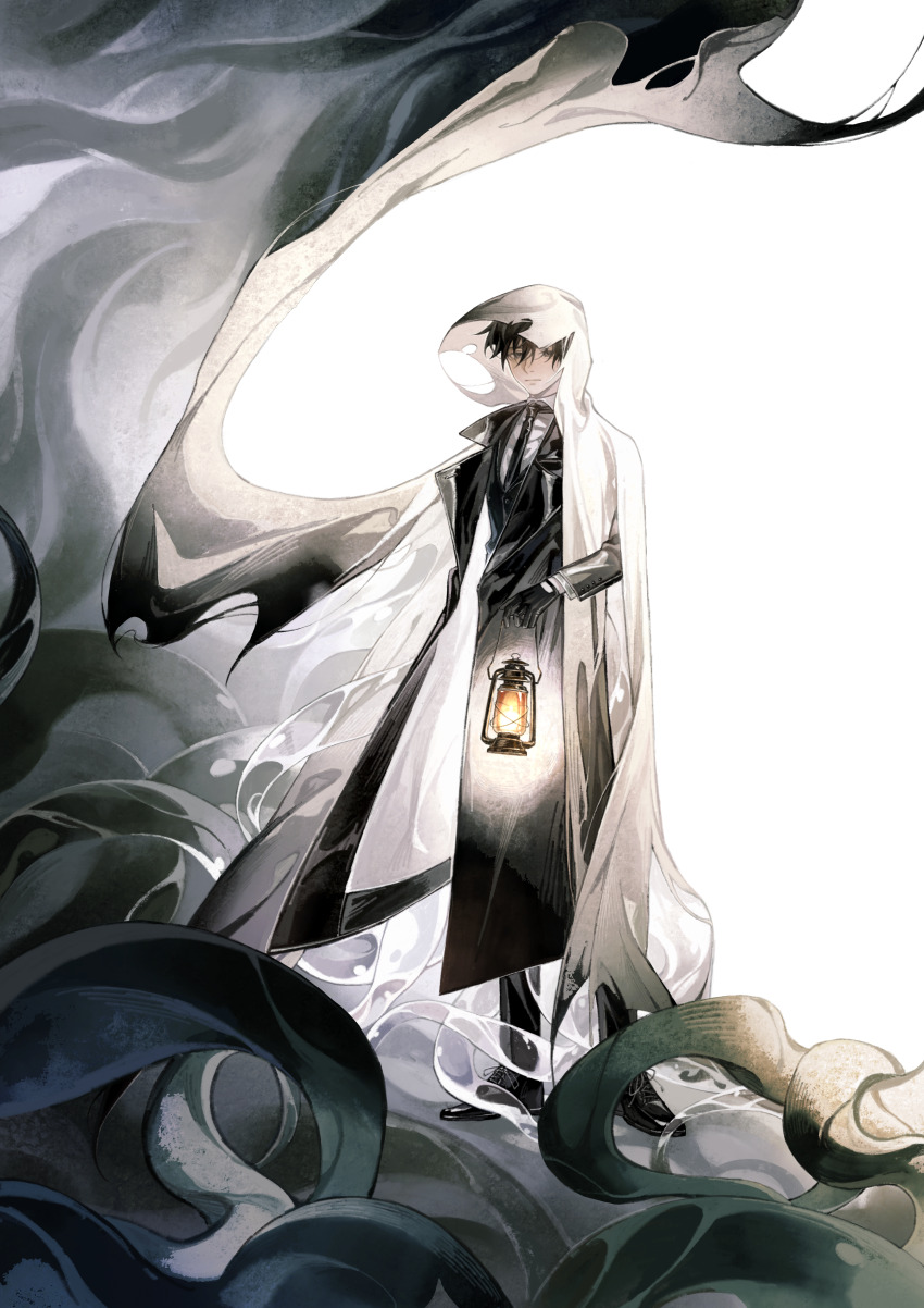 1boy, absurdres, black_cloak, black_coat, black_eyes, black_footwear, black_gloves, black_hair, black_necktie, black_pants, chinese_commentary, cloak, coat, commentary_request, empty_eyes, gloves, highres, holding_lamp, hood, hooded_cloak, klein_moretti, looking_at_viewer, lord_of_the_mysteries, necktie, pants, shiqi274, shirt, short_hair, simple_background, solo, tentacles, white_background, white_shirt