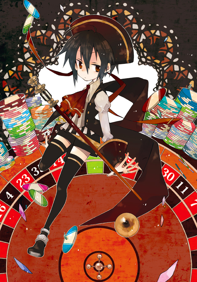 1girl, androgynous, bad_id, bad_pixiv_id, black_hair, brown_eyes, casino, female_focus