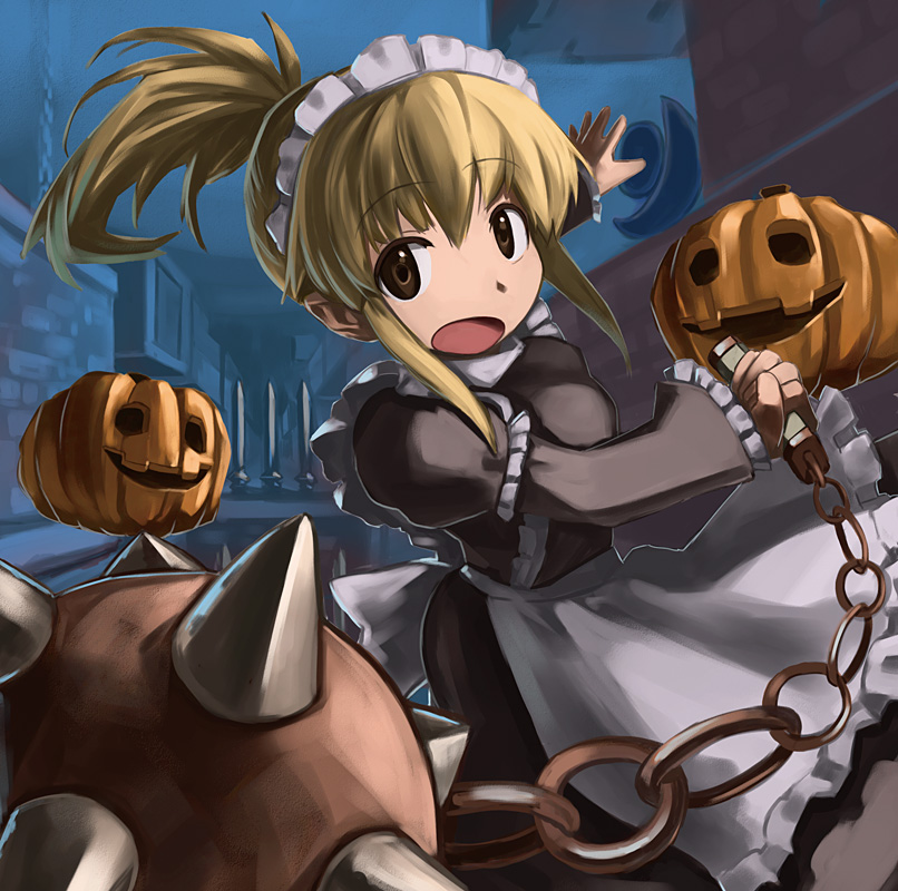 1girl, blonde_hair, female_focus, flail, hirosato, jack-o'-lantern, mace, maid