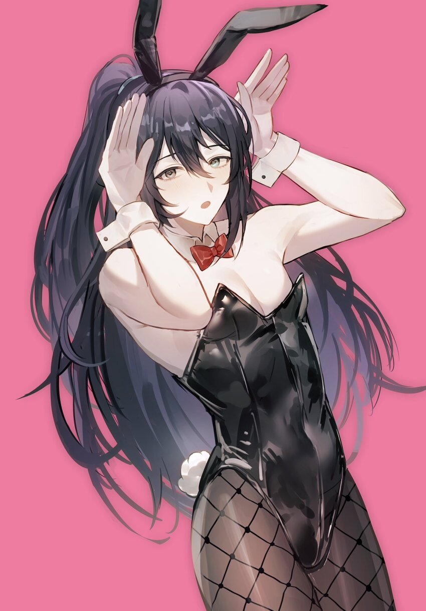 1boy, :o, animal_ears, aqua_eyes, black_eyes, black_hair, black_hairband, black_leotard, bonno_sasu, bow, bowtie, crossdressing, crossdressing_(mtf), detached_collar, fake_animal_ears, fake_tail, fishnet_pantyhose, fishnets, hair_between_eyes, hairband, half_updo, hands_up, heterochromia, high_ponytail, highleg, highleg_leotard, highres, hong_lu_(project_moon), leotard, limbus_company, long_hair, looking_at_viewer, male_focus, male_playboy_bunny, oversized_breast_cup, pantyhose, pectoral_cleavage, pectorals, pink_background, playboy_bunny, ponytail, project_moon, rabbit_ears, rabbit_pose, rabbit_tail, red_bow, red_bowtie, sidelocks, simple_background, solo, strapless, strapless_leotard, tail, wrist_cuffs