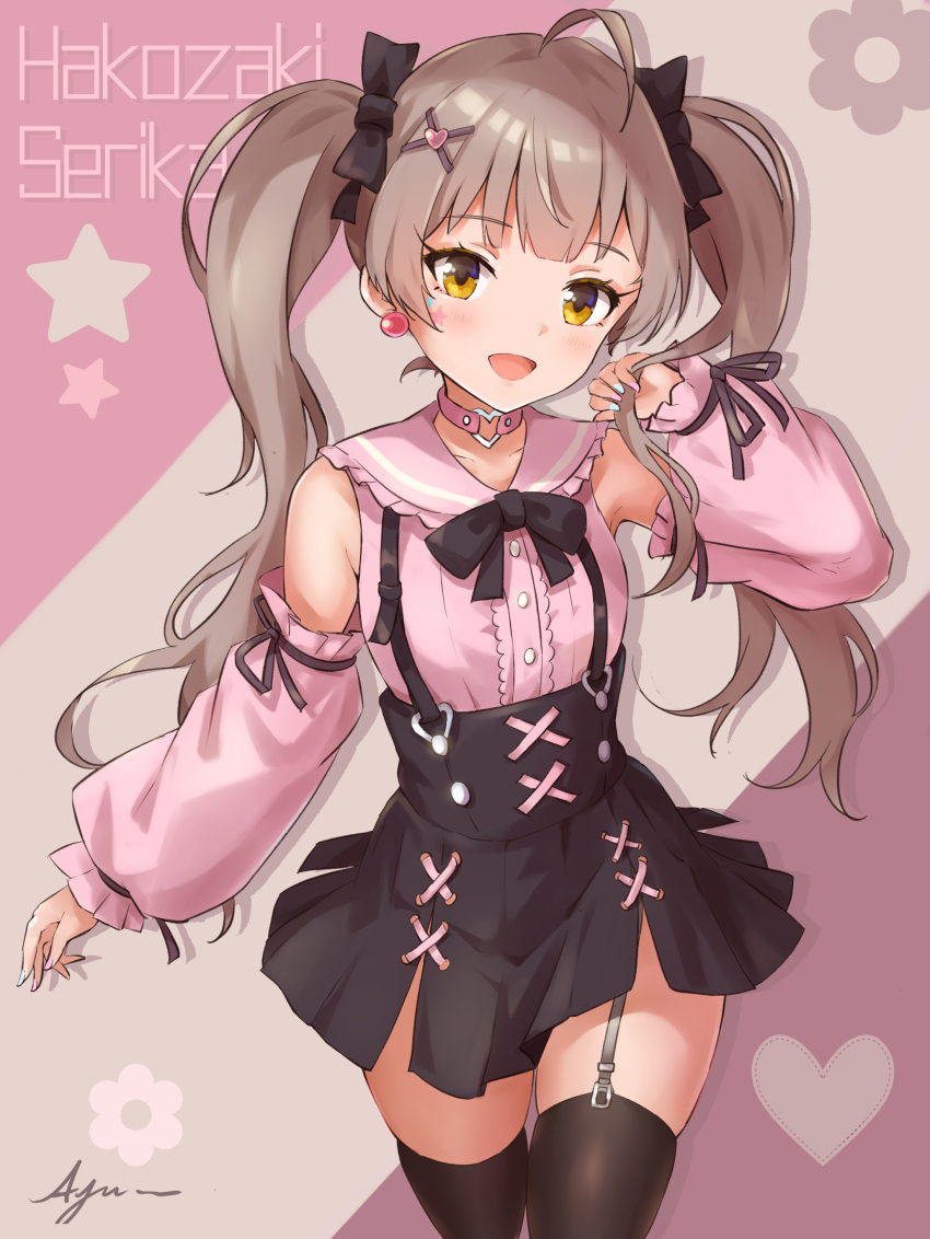 1girl, absurdres, black_skirt, black_thighhighs, blush, brown_eyes, brown_hair, choker, cosplay, detached_sleeves, earrings, garter_straps, hair_ornament, hair_ribbon, hairclip, hakozaki_serika, highres, idolmaster, idolmaster_million_live!, jewelry, jirai_kei, koaya, long_hair, looking_at_viewer, mayuzumi_fuyuko, mayuzumi_fuyuko_(cosplay), open_mouth, pink_choker, pink_shirt, ribbon, shirt, skirt, smile, solo, thighhighs, twintails, x_hair_ornament