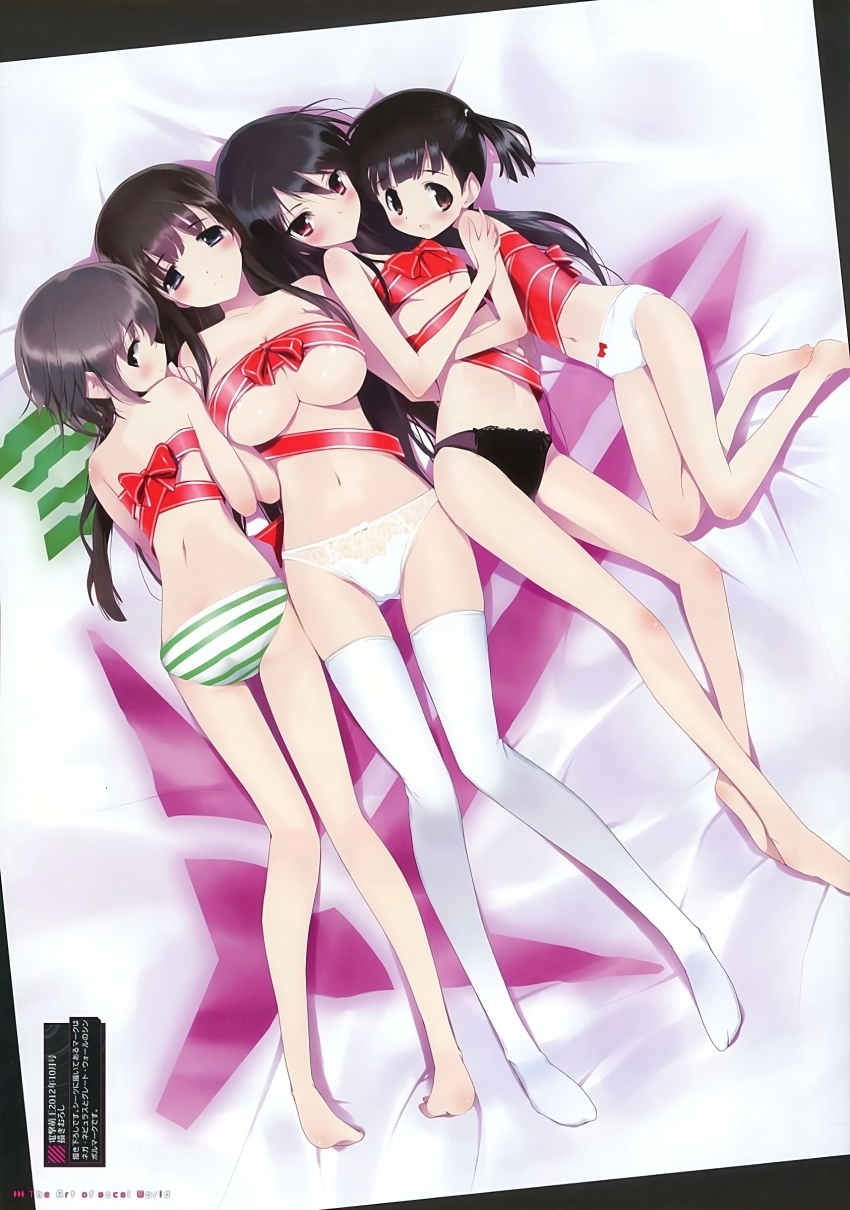 4girls, absurdres, accel_world, areola_slip, bare_shoulders, barefoot, black_eyes, black_hair, black_panties, blush, breasts, brown_hair, cleavage, collarbone, female_focus, highres, hima, hug, kurasaki_fuuko, kuroyukihime, kusakabe_rin, large_breasts, loli, long_hair, multiple_girls, navel, no_bra, official_art, panties, ponytail, red_eyes, ribbon, shinomiya_utai, short_hair, sideboob, small_breasts, striped_clothes, striped_panties, thighhighs, thighs, topless_female, underwear, white_panties, white_thighhighs