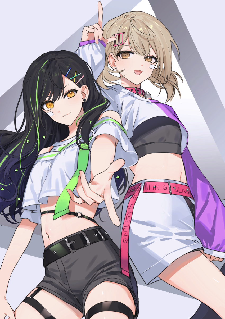 2girls, absurdres, arm_up, azusawa_kohane, bandaid, bandaid_on_face, belt, black_belt, black_hair, black_shirt, black_shorts, brown_eyes, brown_hair, choker, cropped_shirt, cropped_sweater, fujo0t4ku, green_hair, hair_ornament, highres, index_finger_raised, long_hair, long_sleeves, looking_at_viewer, midriff, multicolored_hair, multiple_girls, navel, pink_choker, pointing, pointing_at_viewer, project_sekai, shiraishi_an, shirt, short_sleeves, short_twintails, shorts, skirt, star_(symbol), star_hair_ornament, streaked_hair, sweater, thigh_strap, twintails, very_long_hair, white_skirt, white_sweater, yellow_eyes