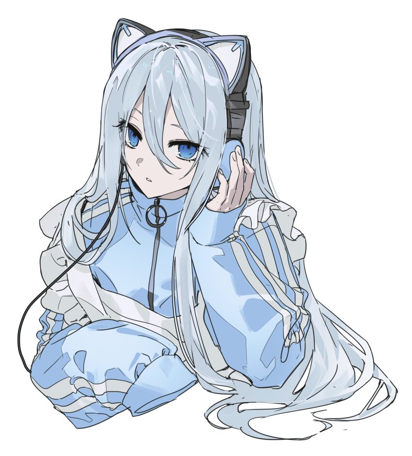 1girl, absurdres, animal_ear_headphones, animal_ears, apron, blue_eyes, blue_jacket, cable
