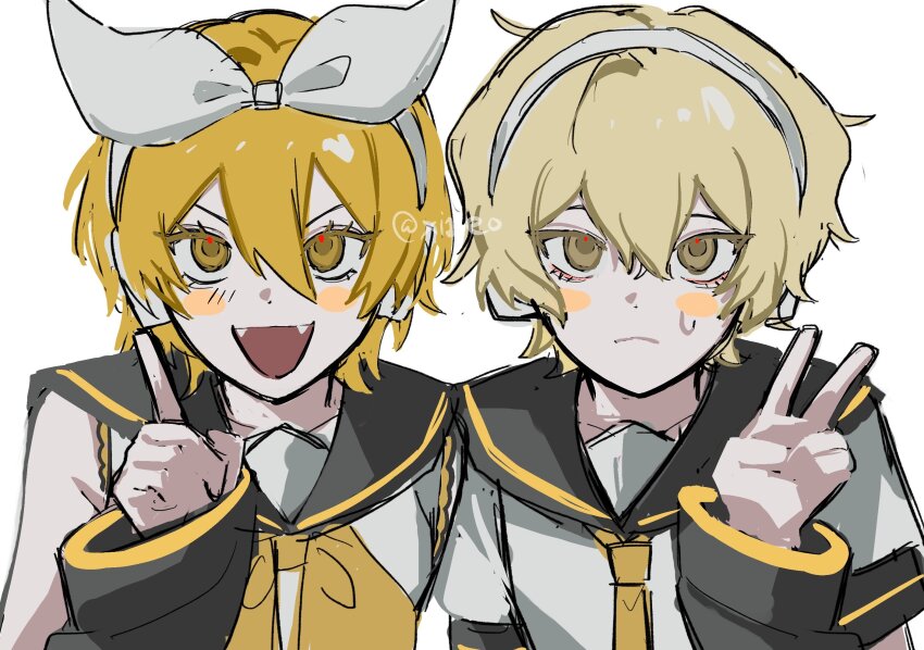 1boy, 1girl, :d, artist_name, bare_shoulders, black_sailor_collar, blonde_hair, blush, bow, bow_hairband, closed_mouth, collarbone, colored_eyelashes, cosplay, detached_sleeves, don_quixote_(project_moon), fangs, frown, fushimi_arata, hair_between_eyes, hairband, hand_up, headphones, highres, index_finger_raised, kagamine_len, kagamine_len_(cosplay), kagamine_rin, kagamine_rin_(cosplay), limbus_company, long_sleeves, looking_at_viewer, neckerchief, necktie, open_mouth, project_moon, sailor_collar, shirt, short_hair, short_sleeves, simple_background, sinclair_(project_moon), smile, sweat, twitter_username, v, vocaloid, white_background, white_bow, white_hairband, white_shirt, yellow_eyes, yellow_neckerchief, yellow_necktie