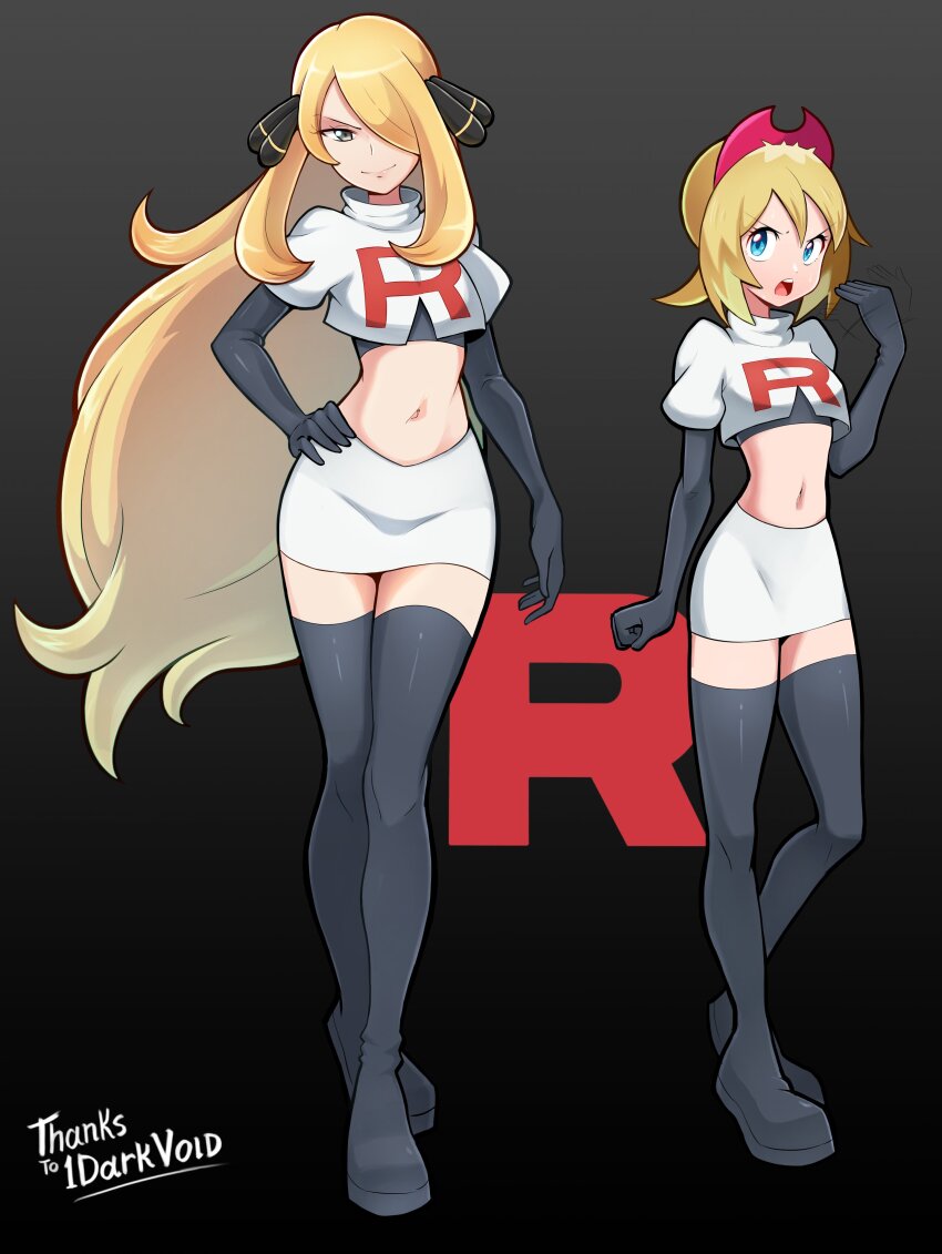 2girls, absurdres, alternate_costume, black_footwear, black_gloves, black_shirt, blonde_hair, boots