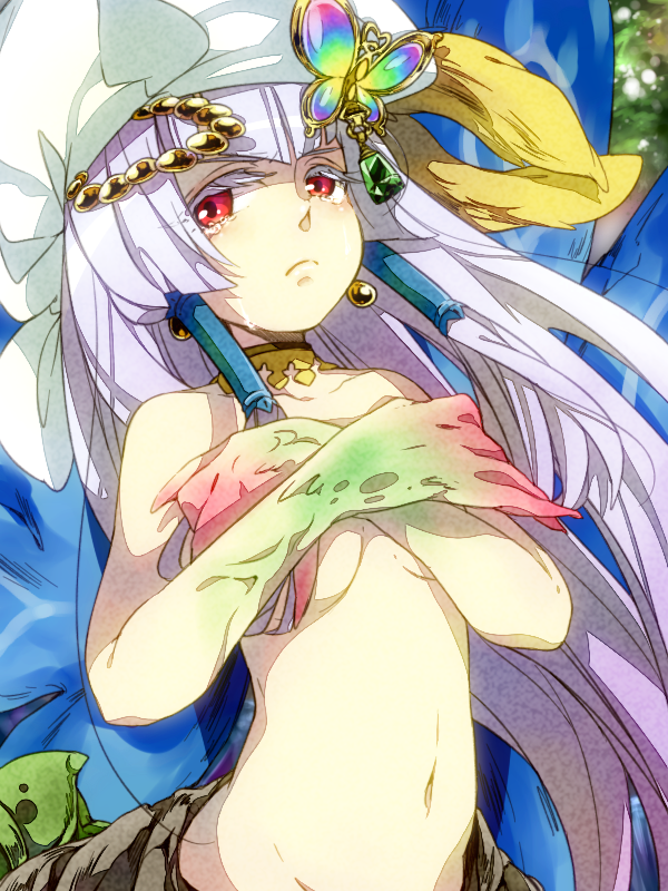 atlus, bad_id, bad_pixiv_id, choker, earrings, etrian_odyssey, fins, flippers, gutrune, hair_ornament, hat, jewelry, long_hair, lots_of_jewelry, purple_hair, red_eyes, sekaiju_no_meikyuu, sekaiju_no_meikyuu_3, solo, tears, topless_female, wantan_meo