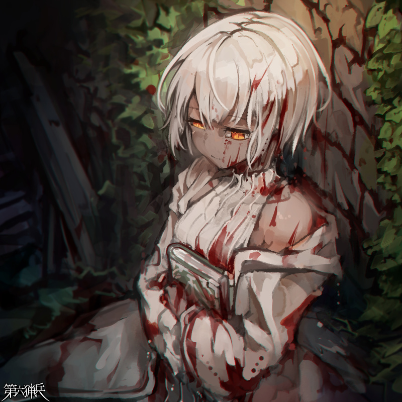 1girl, blood, blood_in_hair, blood_on_clothes, blood_on_face, blood_on_wall, book, clara_lindvall