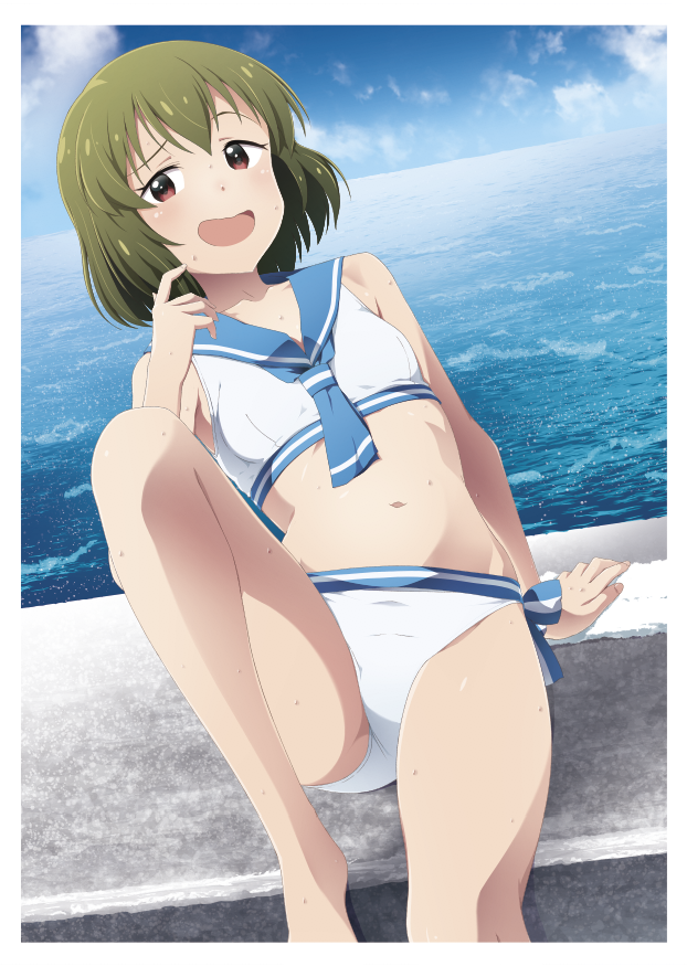 1girl, arm_support, bare_shoulders, bikini, blue_neckerchief, blue_sailor_collar, blush, breasts, cloud, collarbone, day, dot_nose, green_hair, hand_up, idolmaster, idolmaster_million_live!, idolmaster_million_live!_theater_days, kabayaki_unagi, knee_up, levee, looking_at_viewer, midriff, nagayoshi_subaru, navel, neckerchief, ocean, open_mouth, outdoors, red_eyes, sailor_bikini, sailor_collar, sailor_swimsuit_(idolmaster), short_hair, shy, side-tie_bikini_bottom, sitting, sky, small_breasts, smile, solo, sweatdrop, swimsuit, towel, wavy_mouth, white_bikini