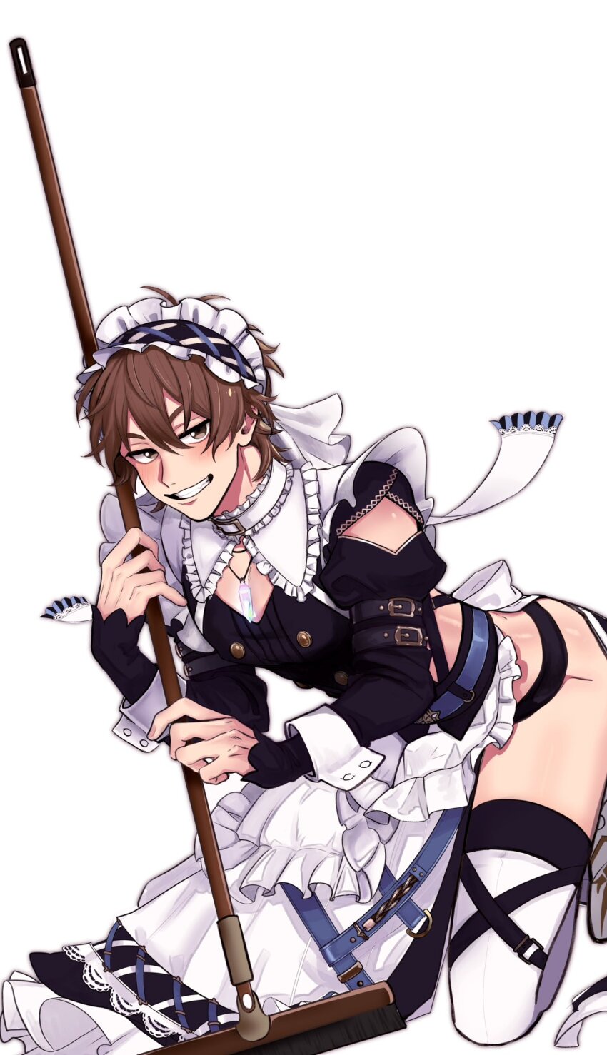 1boy, apron, bishounen, black_dress, blade_(lovable_enforcer)_(nu_carnival), blade_(nu_carnival), blade_(nu_carnival)_(cosplay), brown_eyes, brown_hair, cosplay, crossdressing, crossdressing_(mtf), dress, eiden_(nu_carnival), frilled_apron, frilled_hairband, frills, gem, hairband, highres, juliet_sleeves, light_brown_hair, long_sleeves, looking_at_viewer, maid, maid_apron, maid_headdress, male_focus, male_maid, nu_carnival, official_alternate_costume, otinton014, puffy_sleeves, short_hair, sleeve_cuffs, smile, thighhighs, waist_apron, white_apron, white_thighhighs