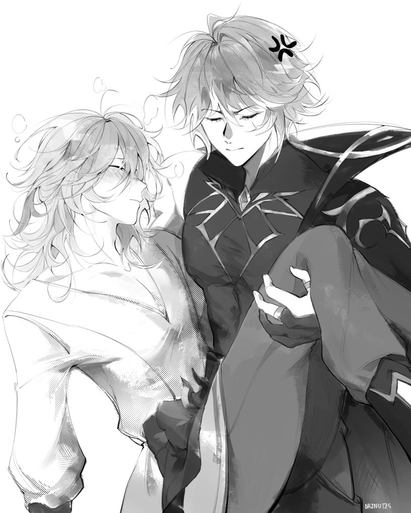 2boys, ahoge, alhaitham_(genshin_impact), anger_vein, blush, boots, cape, carrying