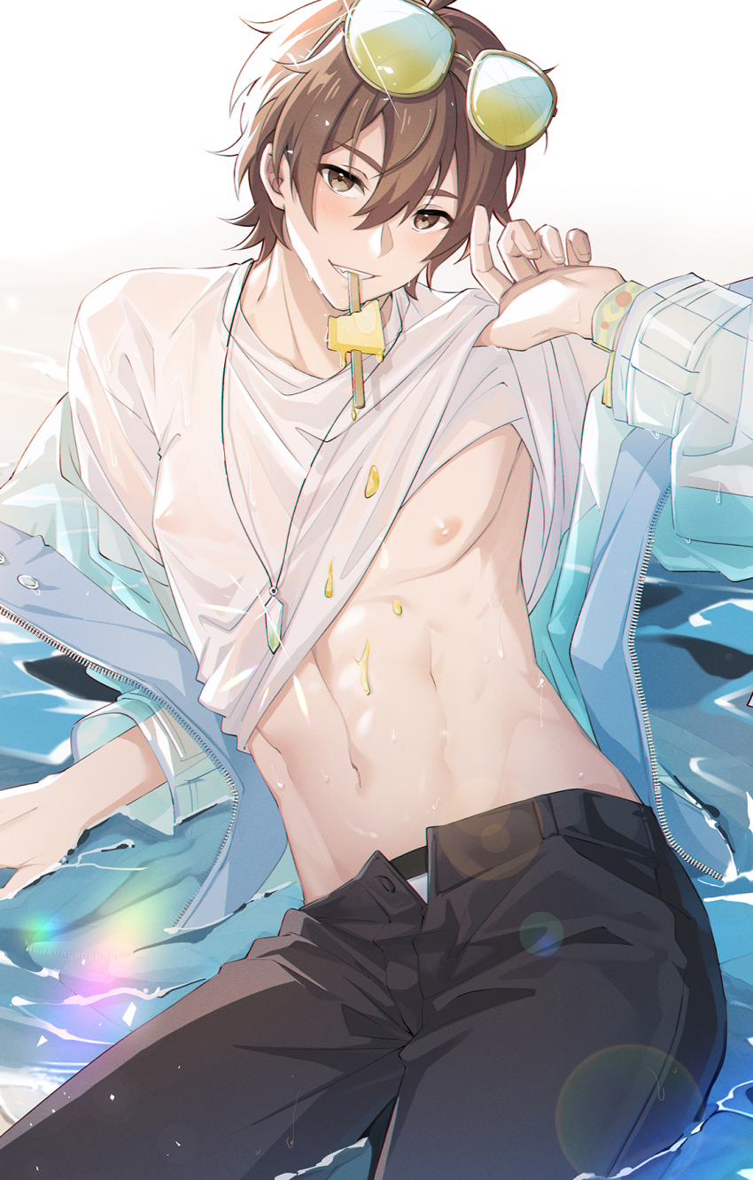 1boy, abs, bishounen, blush, brown_eyes, brown_hair, clothes_lift, dt.calico, eating, eiden_(nu_carnival), eyewear_on_head, food, gem, highres, ice_cream, lifting_own_clothes, light_brown_hair, long_sleeves, looking_at_viewer, male_focus, navel, nu_carnival, pectorals, popsicle, see-through_clothes, shirt, shirt_lift, short_hair, smile, sunglasses, wet, wet_clothes, wet_shirt