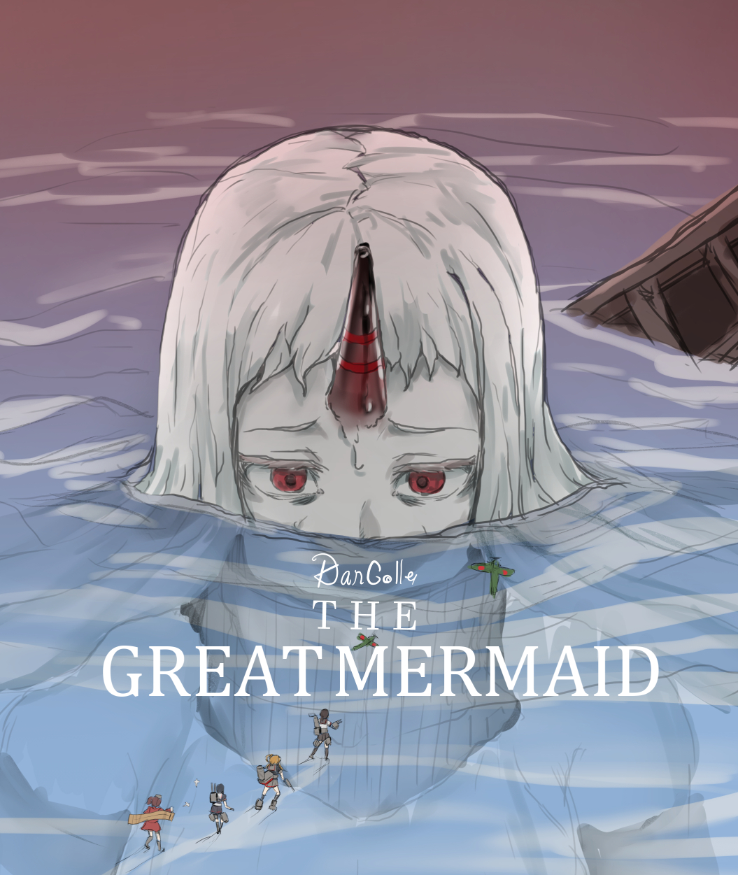 5girls, abukuma_(kancolle), aircraft, fubuki_(kancolle), giant, giantess, highres, horns