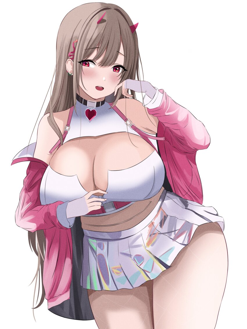 1girl, :d, absurdres, bare_shoulders, black_collar, blush, breasts, chain