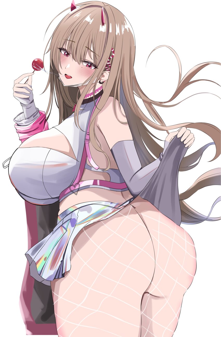 1girl, :d, absurdres, ass, bare_shoulders, black_collar, blush, breasts, candy, chain, chest_harness, cleavage, clothes_lift, collar, crop_top, earrings, fingerless_gloves, fishnet_pantyhose, fishnets, food, from_behind, gloves, goddess_of_victory:_nikke, hair_intakes, harness, heart_collar, highres, holding_candy, holding_food, holding_lollipop, iridescent_clothes, horns, huge_breasts, jacket, jewelry, light_brown_hair, lollipop, long_hair, open_mouth, pantyhose, pink_horns, pink_jacket, pleated_skirt, red_eyes, saliva, saliva_trail, shirotsupu, sidelocks, simple_background, single_earring, skirt, skirt_lift, smile, solo, standing, viper_(nikke), white_background, white_gloves, zipper, zipper_pull_tab
