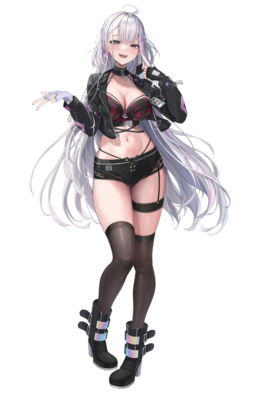 1girl, absurdres, ahoge, asymmetrical_gloves, black_boots, black_choker, black_gloves, black_jacket, black_panties, black_shorts, black_thighhighs, blue_eyes, boots, breasts, choker, cleavage, commentary, crop_top, cropped_jacket, earrings, ember_amane, ember_amane_(1st_costume), english_commentary, fingerless_gloves, frilled_thigh_strap, full_body, garter_straps, gloves, grey_hair, heart, heart_choker, highres, jacket, jewelry, lace, lace-trimmed_panties, lace_trim, large_breasts, long_hair, long_sleeves, looking_at_viewer, mask, mask_pull, mismatched_gloves, mole, mole_on_breast, mole_on_thigh, mouth_mask, multicolored_hair, navel, official_art, open_clothes, open_mouth, open_shorts, panties, phase_connect, pink_hair, refla, safety_pin, short_shorts, shorts, simple_background, single_earring, smile, solo, standing, streaked_hair, teeth, thigh_strap, thighhighs, underwear, upper_teeth_only, very_long_hair, virtual_youtuber, white_background, white_gloves