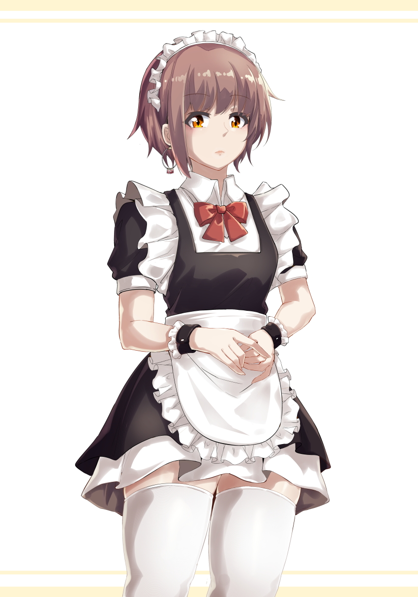 1girl, absurdres, alternate_costume, apron, black_dress, bow, bowtie, brown_eyes