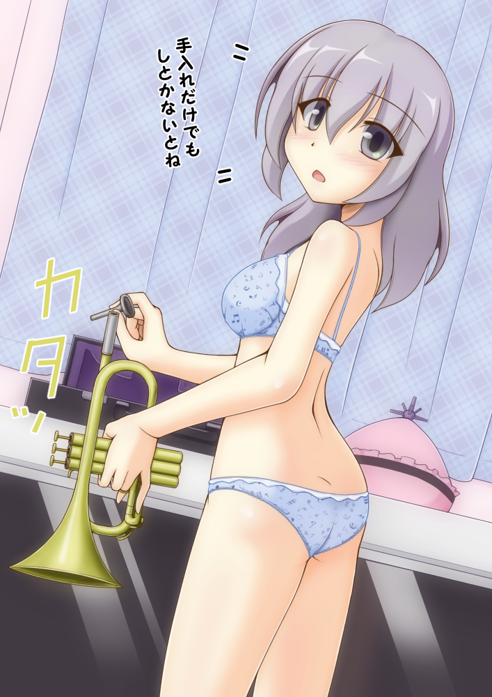 1girl, back, blue_bra, blue_curtain, blue_panties, bra, breasts, curtains, frilled_hat, frills, from_side, grey_eyes, grey_hair, hat, indoors, instrument, kurenaidahlia, lingerie, merlin_prismriver, musical_note, musical_note_print, panties, plaid_curtains, print_bra, print_panties, small_breasts, touhou, translation_request, trumpet, underwear, underwear_only