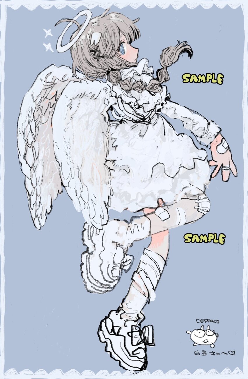 angel_wings, bandaged_leg, bandages, bandaid, bandaid_on_hand, bandaid_on_leg, blue_eyes, braid