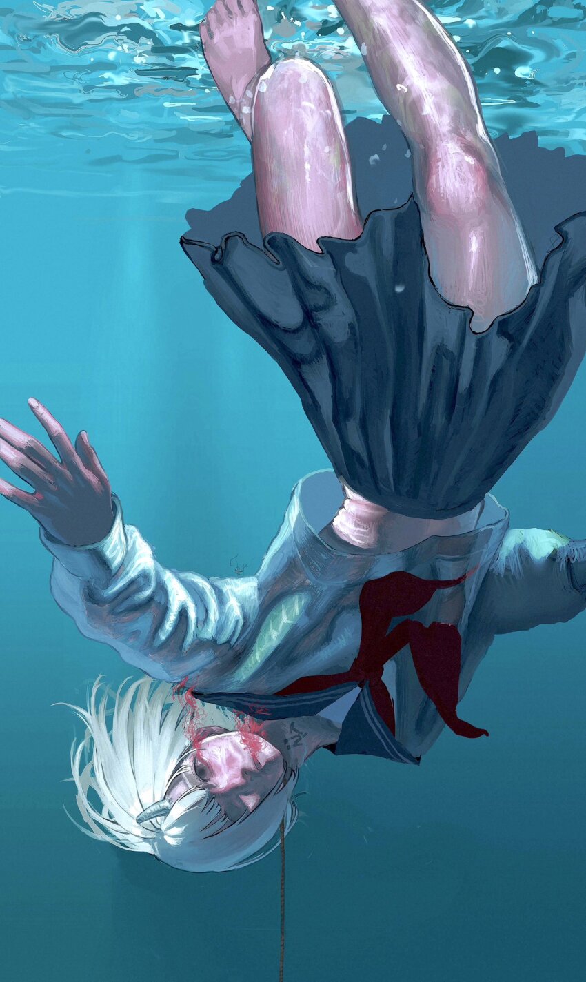 1girl, barefoot, black_sailor_collar, black_skirt, blood, blood_from_mouth, bloody_tears, commentary_request