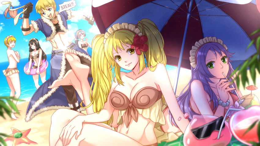1boy, 5girls, alternate_costume, aster_(ragnarok_online), beach, beach_umbrella, bikini, black_gloves, black_hair, black_shirt, blonde_hair, blossom_(ragnarok_online), blue_cape, blue_jacket, blue_sky, breasts, brown_bikini, brown_pants, cape, cleavage, closed_eyes, closed_mouth, clothes_theft, cloud, commentary, crop_top, curly_sue, day, drinking_straw, english_commentary, feet_out_of_frame, flower, fur-trimmed_cape, fur-trimmed_jacket, fur_trim, gloves, green_eyes, hair_flower, hair_ornament, highres, horizon, innertube, jacket, jasmine_(ragnarok_online), large_breasts, long_hair, looking_at_another, looking_at_viewer, maid_headdress, multiple_girls, navel, ocean, open_clothes, open_jacket, open_mouth, outdoors, pants, pavianne_(ragnarok_online), poring, purple_hair, ragnarok_online, red_flower, riabels, roxie_(ragnarok_online), shirt, short_hair, short_sleeves, sky, smile, stalker_(ragnarok_online), starfish, sunglasses, swim_ring, swimsuit, swimsuit_theft, theft, twintails, umbrella, waist_cape, water, yellow_eyes