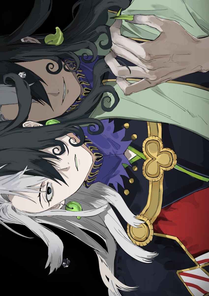 1boy, asamayy01, ashiya_douman_(fate), asymmetrical_clothes, asymmetrical_hair, bell, black_eyes, black_hair, curly_hair, earrings, fate/grand_order, fate_(series), fingernails, hair_bell, hair_ornament, hair_over_one_eye, heian, highres, japanese_clothes, jewelry, long_hair, magatama, magatama_earrings, male_focus, multicolored_hair, sharp_fingernails, split-color_hair, two-tone_hair, upper_body, veins, very_long_fingernails, very_long_hair, white_hair