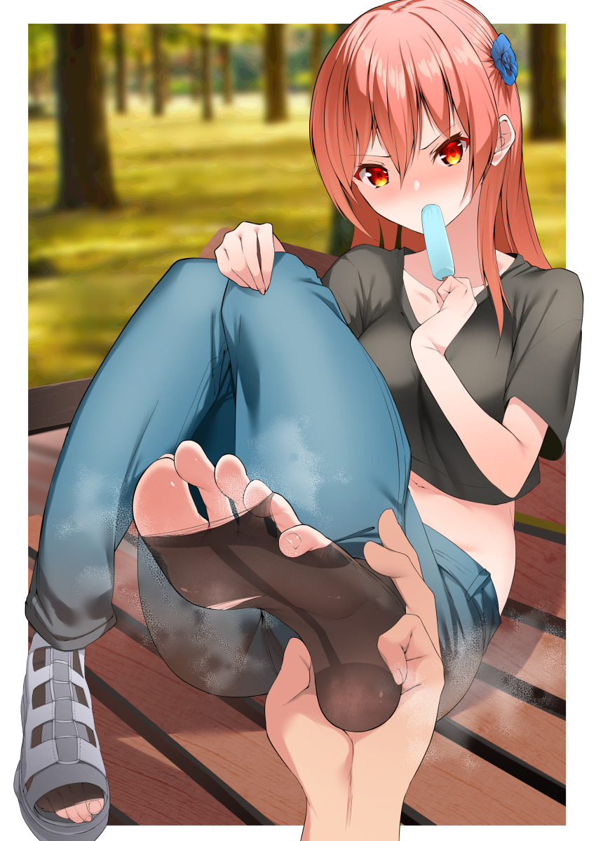1girl, absurdres, bench, blush, feet, food, hand_on_own_knee, highres