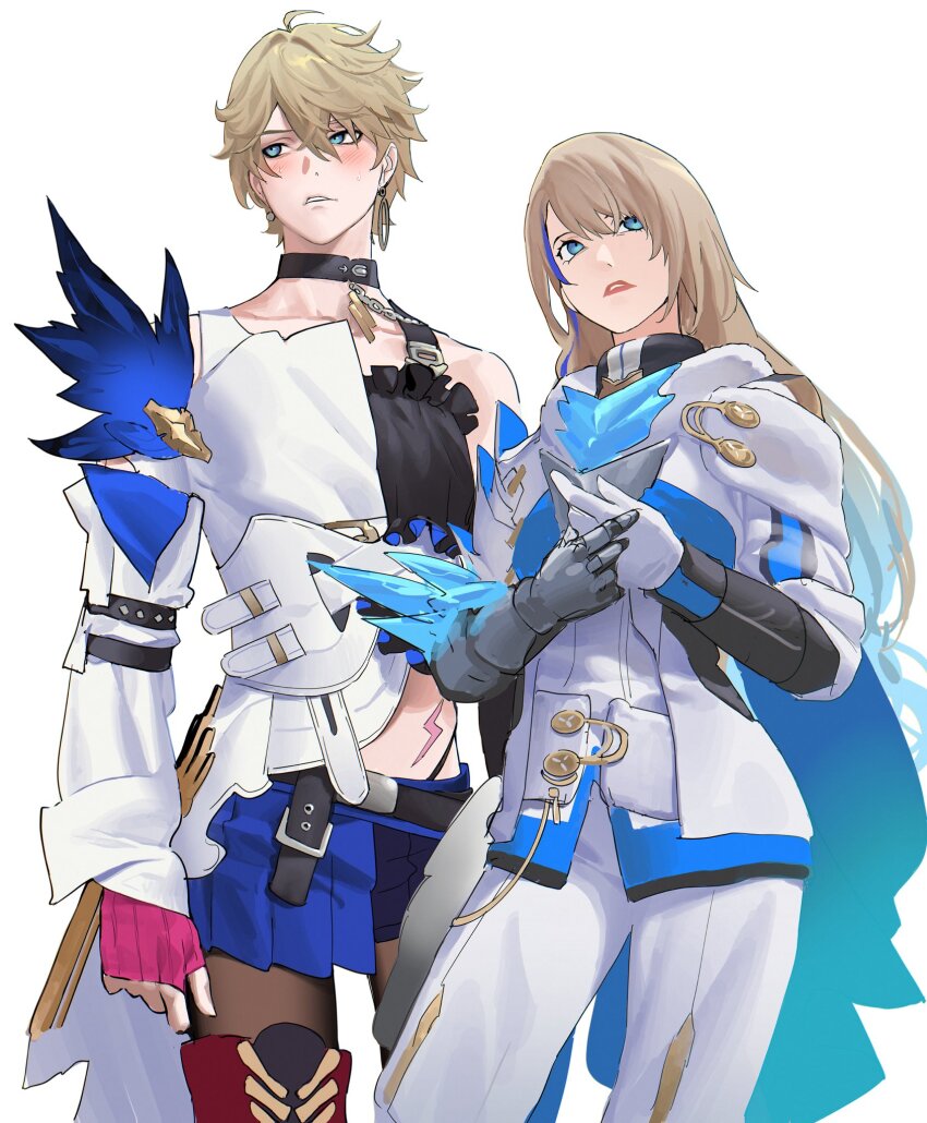 1boy, 1girl, asymmetrical_clothes, bare_shoulders, bishounen, black_choker, blonde_hair, blue_eyes, blue_hair, blue_skirt, blush, brother_and_sister, choker, cosplay, costume_switch, earrings, gepard_landau, gepard_landau_(cosplay), highres, honkai:_star_rail, honkai_(series), knight, long_hair, long_sleeves, looking_at_viewer, mismatched_earrings, multicolored_hair, pants, serpent_(pepepp39), serval_landau, serval_landau_(cosplay), short_hair, siblings, skirt, smile, streaked_hair, white_pants, white_sleeves