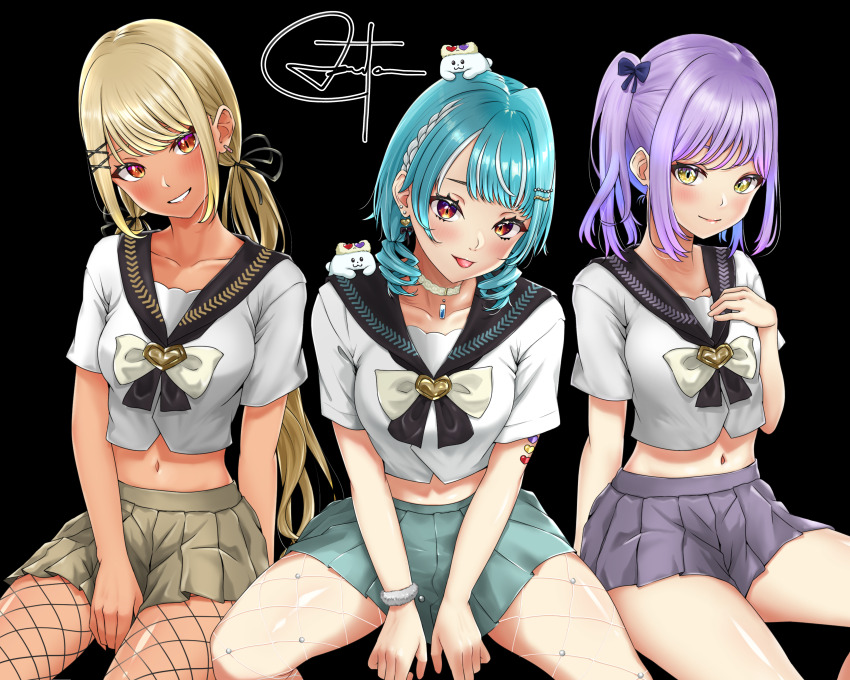 3girls, :p, absurdres, bangle, between_legs, black_background, black_pantyhose, black_sailor_collar, blonde_hair, blue_hair, blue_skirt, bow, bracelet, breasts, choker, closed_mouth, collarbone, colored_inner_hair, crop_top, dark-skinned_female, dark_skin, drill_hair, fishnet_pantyhose, fishnets, gyaru, hair_ornament, hair_ribbon, hand_between_legs, hand_on_own_chest, heart, highres, invisible_chair, jewelry, kaminari_qpi, long_hair, looking_at_viewer, low_twintails, medium_breasts, midriff, miniskirt, multicolored_hair, multiple_girls, muton_(muton82), navel, orange_eyes, pantyhose, parted_lips, pleated_skirt, purple_hair, purple_skirt, ribbon, sailor_collar, school_uniform, shinomiya_runa, shiranami_ramune, shiranami_ramune_(2nd_costume), short_sleeves, sidelocks, signature, simple_background, sitting, skirt, smile, spread_legs, stomach, streaked_hair, swept_bangs, thighs, tongue, tongue_out, twin_drills, twintails, v_arms, very_long_hair, virtual_youtuber, vspo!, white_bow, white_choker, white_hair, white_pantyhose, x_hair_ornament, yellow_eyes, yellow_skirt
