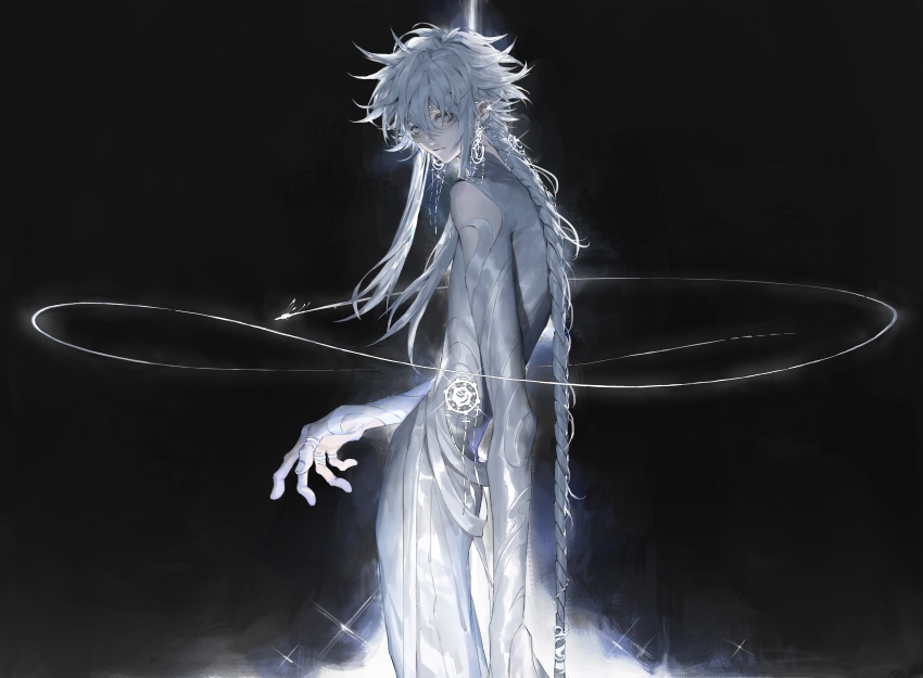 1boy, absurdres, bandages, bare_shoulders, black_background, bodysuit, braid, braided_ponytail