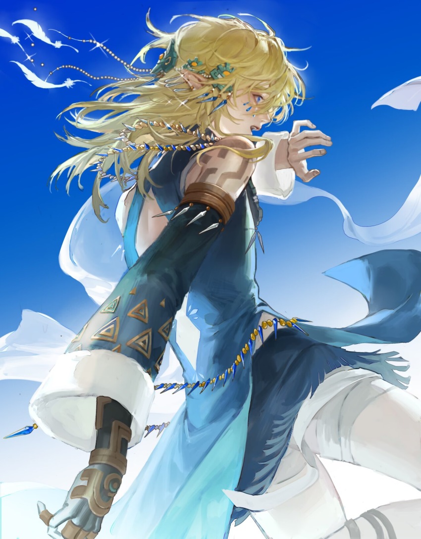 1boy, arm_guards, arm_tattoo, back_cutout, bandages, bare_shoulders, bead_necklace, beads, blue_background, blue_eyes, blue_sky, blue_tunic, clothing_cutout, cowboy_shot, day, detached_sleeves, facial_mark, feathers, floating_clothes, floating_hair, fringe_trim, frostbite_set_(zelda), fur-trimmed_sleeves, fur_trim, glowing_feather, gradient_background, hair_beads, hair_ornament, hand_up, highres, jewelry, kicking, link, looking_away, male_focus, medium_hair, multiple_rings, necklace, nintendo, open_mouth, pants, profile, ring, shawl, sky, solo, sparkle, tattoo, the_legend_of_zelda, tunic, white_background, white_pants, yangshu893