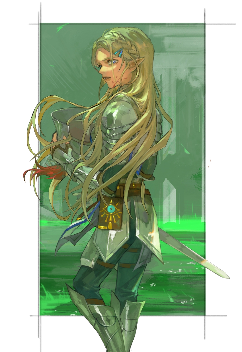 1girl, absurdres, armor, armored_boots, belt_pouch, blood, blood_on_face, boots