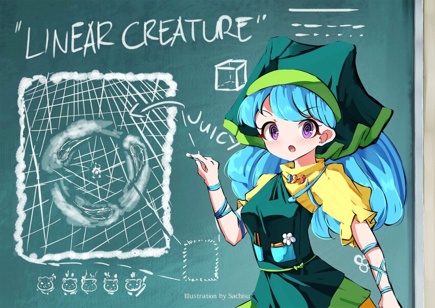 1girl, apron, aqua_hair, aqua_ribbon, arm_ribbon, blue_hair, chalk, chalkboard, classroom, commentary, cube, dress, english_commentary, english_text, flower, gameplay_mechanics, green_apron, green_headscarf, green_headwear, haniyasushin_keiki, headscarf, highres, holding, jewelry, laser, leaning_forward, long_hair, looking_at_viewer, magatama, magatama_necklace, necklace, open_mouth, otter, pearl_necklace, purple_eyes, ribbon, sachisudesu, scoring, single_strap, solo, standing, talking, tools, touhou, watermark, wily_beast_and_weakest_creature, writing, yellow_dress