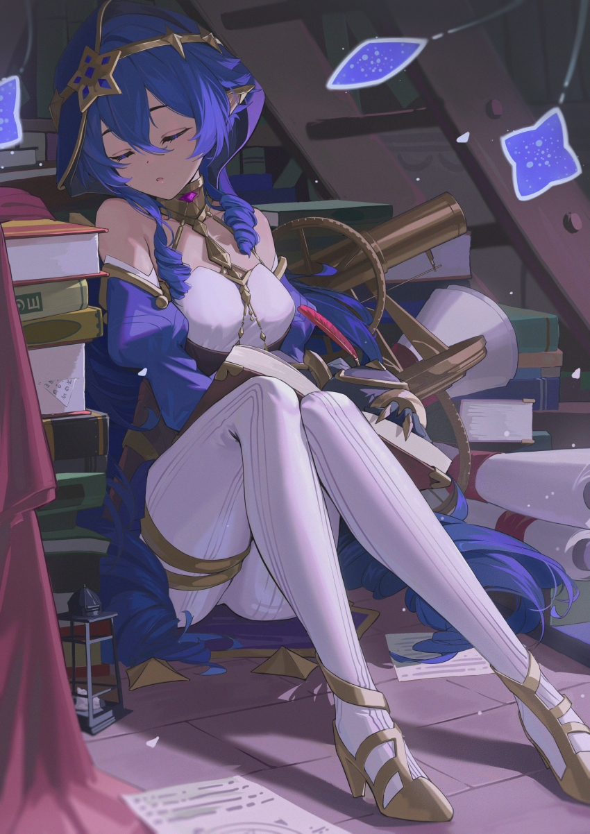 1girl, absurdres, bare_shoulders, black_gloves, black_skirt, blue_hair, blue_hood, book