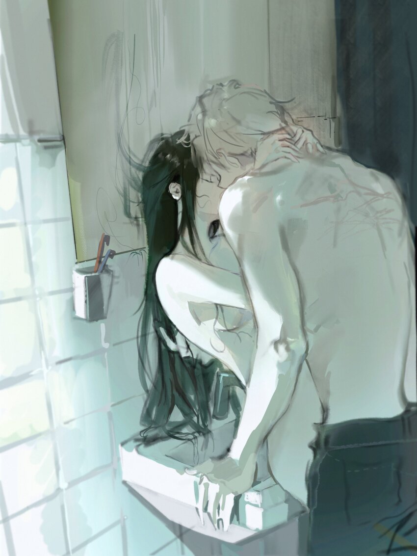 1boy, 1girl, absurdres, bathroom, black_hair, black_pants, hetero, highres, kiss, nenem_(kimnenemmm_art), pants, spy_x_family, twilight_(spy_x_family), yor_briar