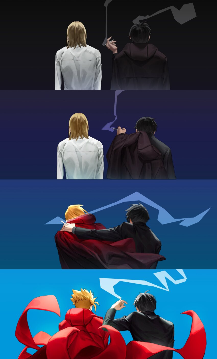 2boys, absurdres, black_hair, blonde_hair, blue_background, cigarette, from_behind, hand_on_another's_shoulder