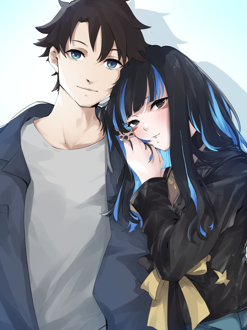 1boy, 1girl, absurdres, black_eyes, black_hair, black_nails, blue_eyes, blue_hair