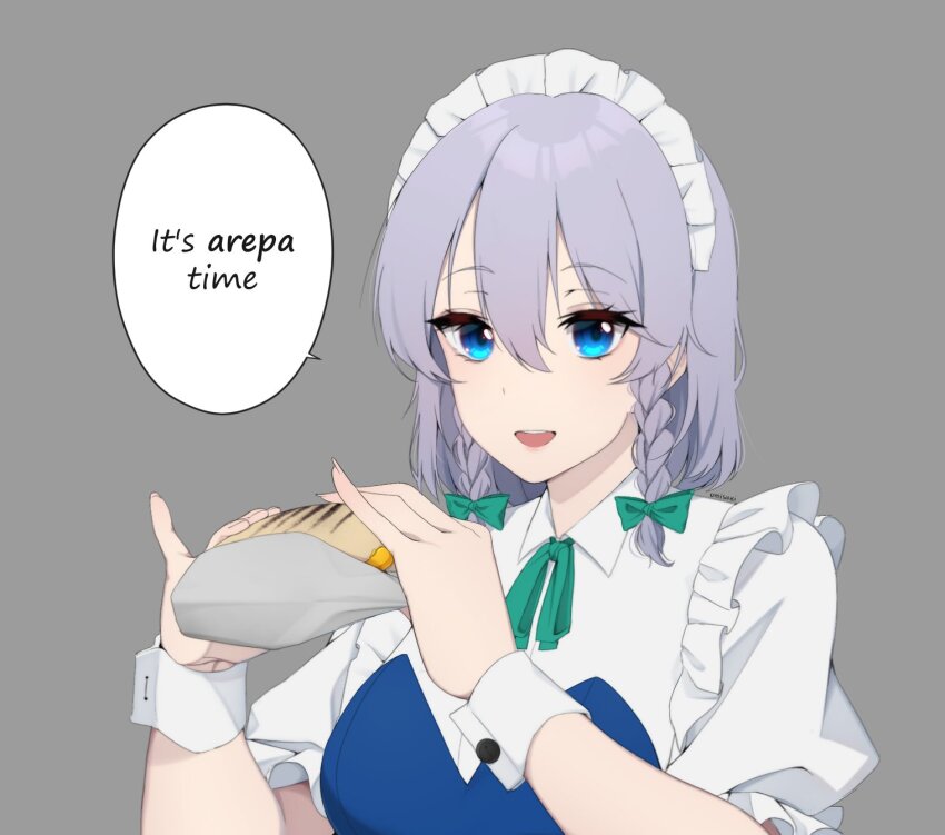 1girl, arepa, blue_dress, blue_eyes, bow, braid, colombia, dress