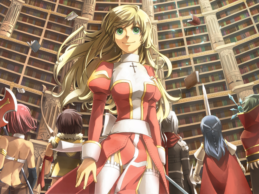 3boys, 3girls, armor, assassin_cross_(ragnarok_online), axe, blonde_hair, book, bow