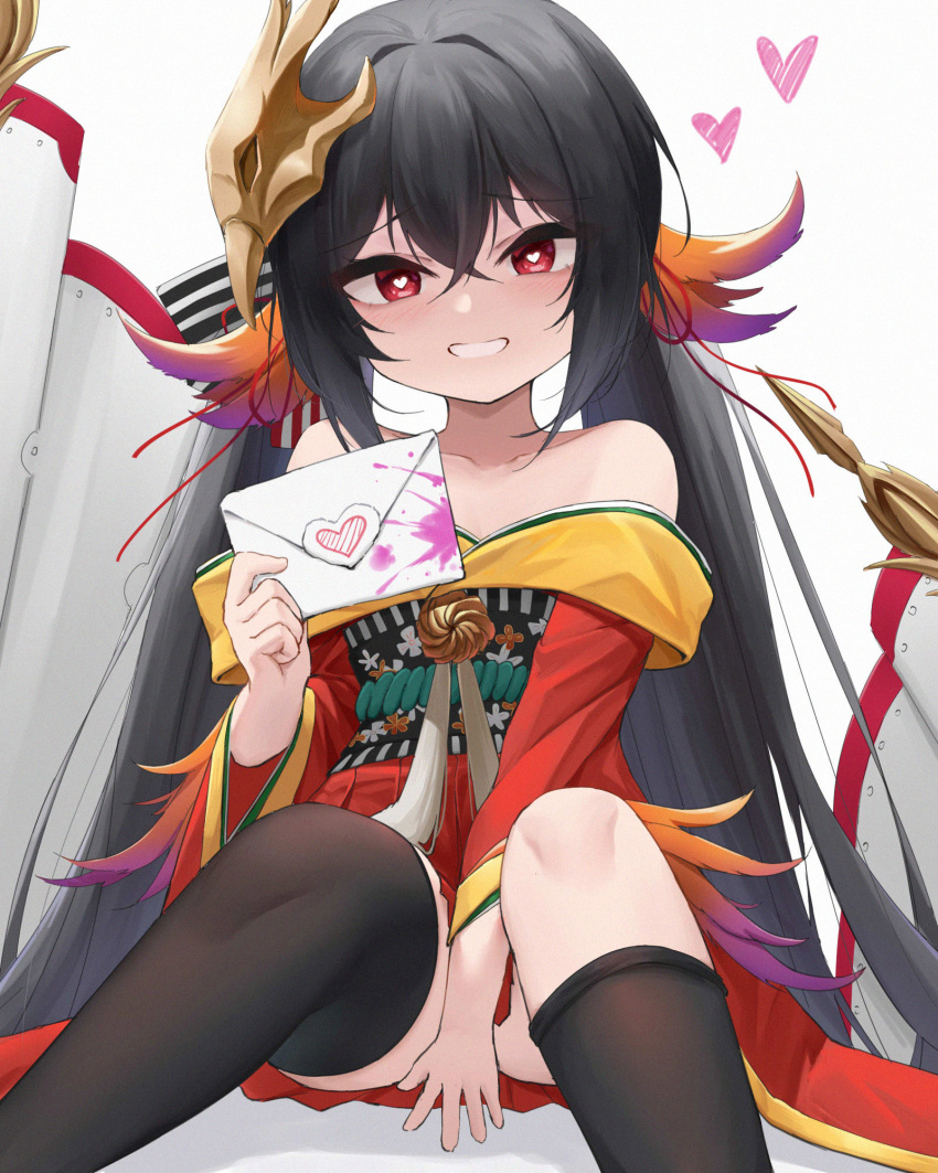 1girl, aged_down, azur_lane, bare_shoulders, black_hair, black_thighhighs, bright_pupils, covering_privates, covering_crotch, female_focus, grin, heart, heart-shaped_pupils, highres, japanese_clothes, kafeifeifeifeifeifei_jiemo_jun, kimono, letter, loli, long_hair, long_sleeves, looking_at_viewer, love_letter, off_shoulder, red_eyes, red_kimono, simple_background, sitting, smile, solo, symbol-shaped_pupils, taihou-chan_(azur_lane), taihou_(azur_lane), thighhighs, twintails, very_long_hair, white_background, white_pupils, wide_sleeves