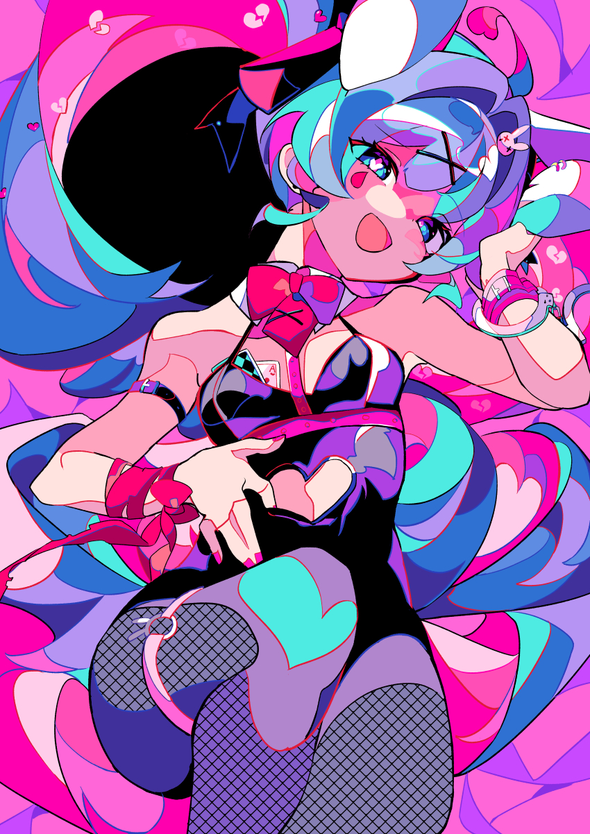 1girl, absurdres, card, cuffs, fishnet_pantyhose, fishnets, hair_ornament, handcuffs