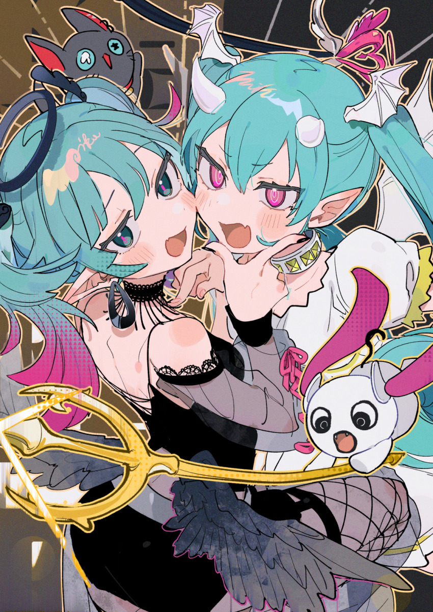2girls, devil_janai_mon_(vocaloid), fishnet_thighhighs, fishnets, green_hair, halo, hatsune_miku, highres, multiple_girls, pointy_ears, thighhighs, vocaloid, wings