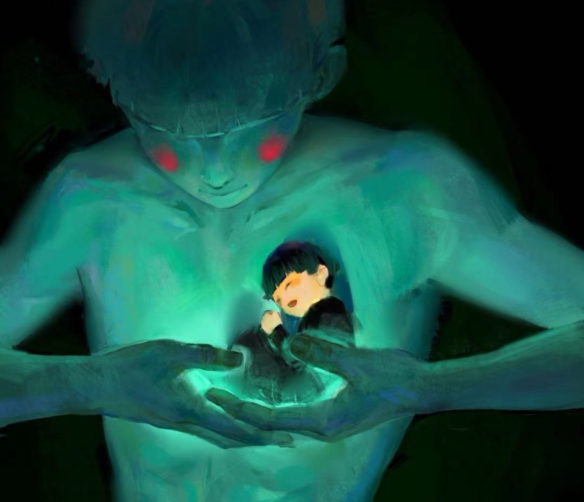 2boys, black_background, black_hair, blunt_bangs, blush_stickers, bowl_cut, closed_eyes, closed_mouth, collarbone, colored_skin, commentary_request, covered_eyes, cupping_hands, ekubo_(mob_psycho_100), fetal_position, fingernails, gakuran, glowing, green_skin, hair_over_eyes, hands_up, hole_in_chest, hole_on_body, kageyama_shigeo, laofuhe74589, long_sleeves, mini_person, miniboy, mob_psycho_100, multiple_boys, nude, open_mouth, own_hands_together, school_uniform, short_hair, symbolism, upper_body