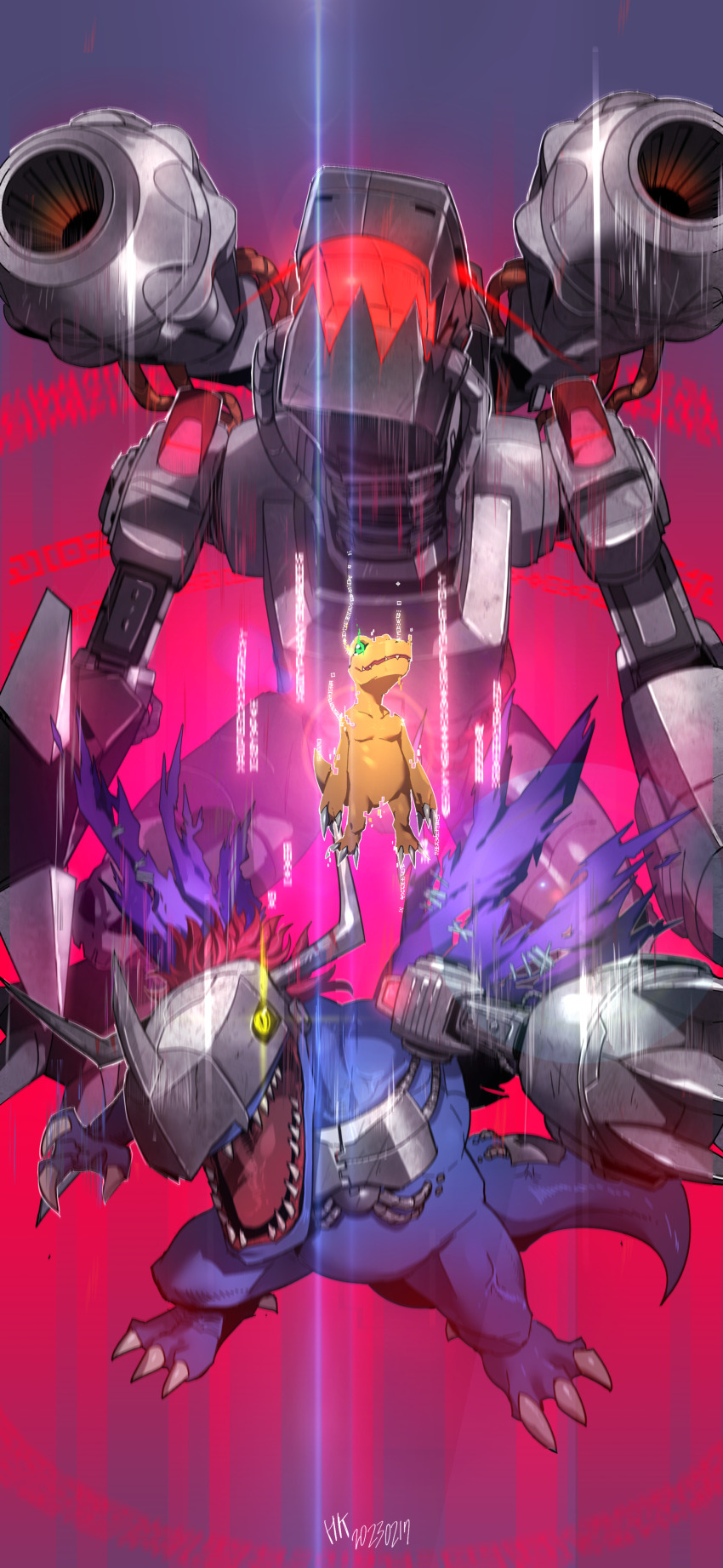 absurdres, agumon, cable, cannon, claws, commentary, cyborg, dated