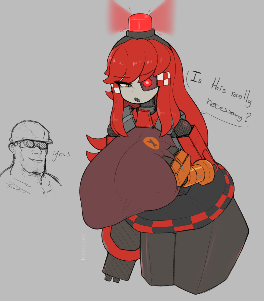 1boy, 1girl, absurdres, alarm_siren, alternate_breast_size, arm_cannon, artist_name, black_dress